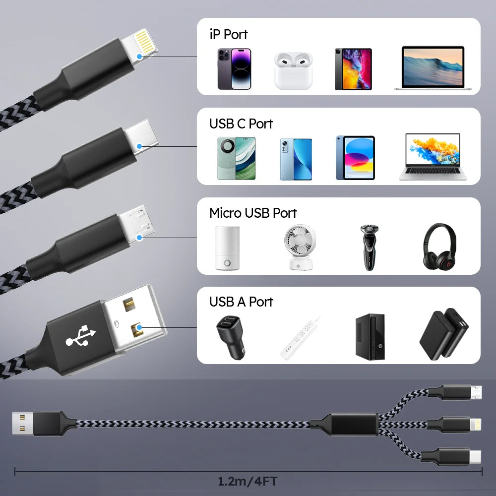 FlexCharge Trio – 3-in-1 Nylon Gevlochten Snellaadkabel