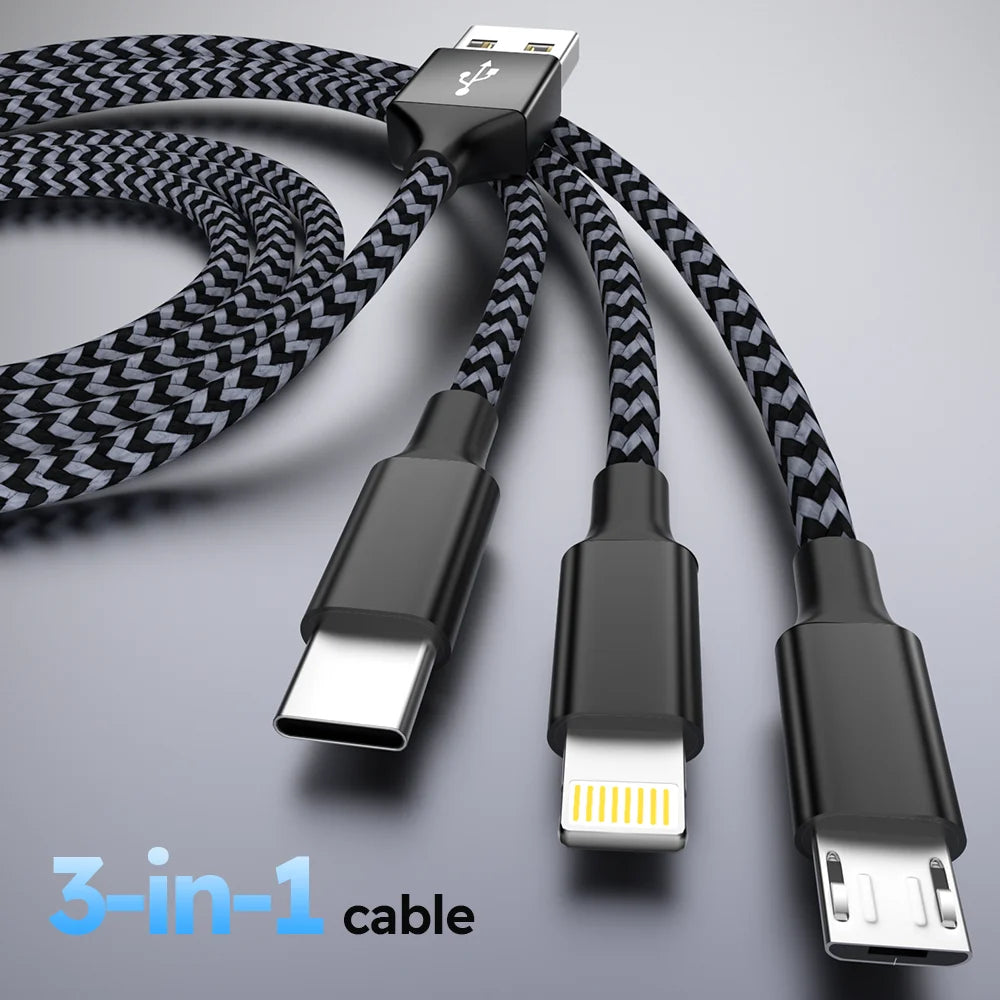 FlexCharge Trio – 3-in-1 Nylon Gevlochten Snellaadkabel