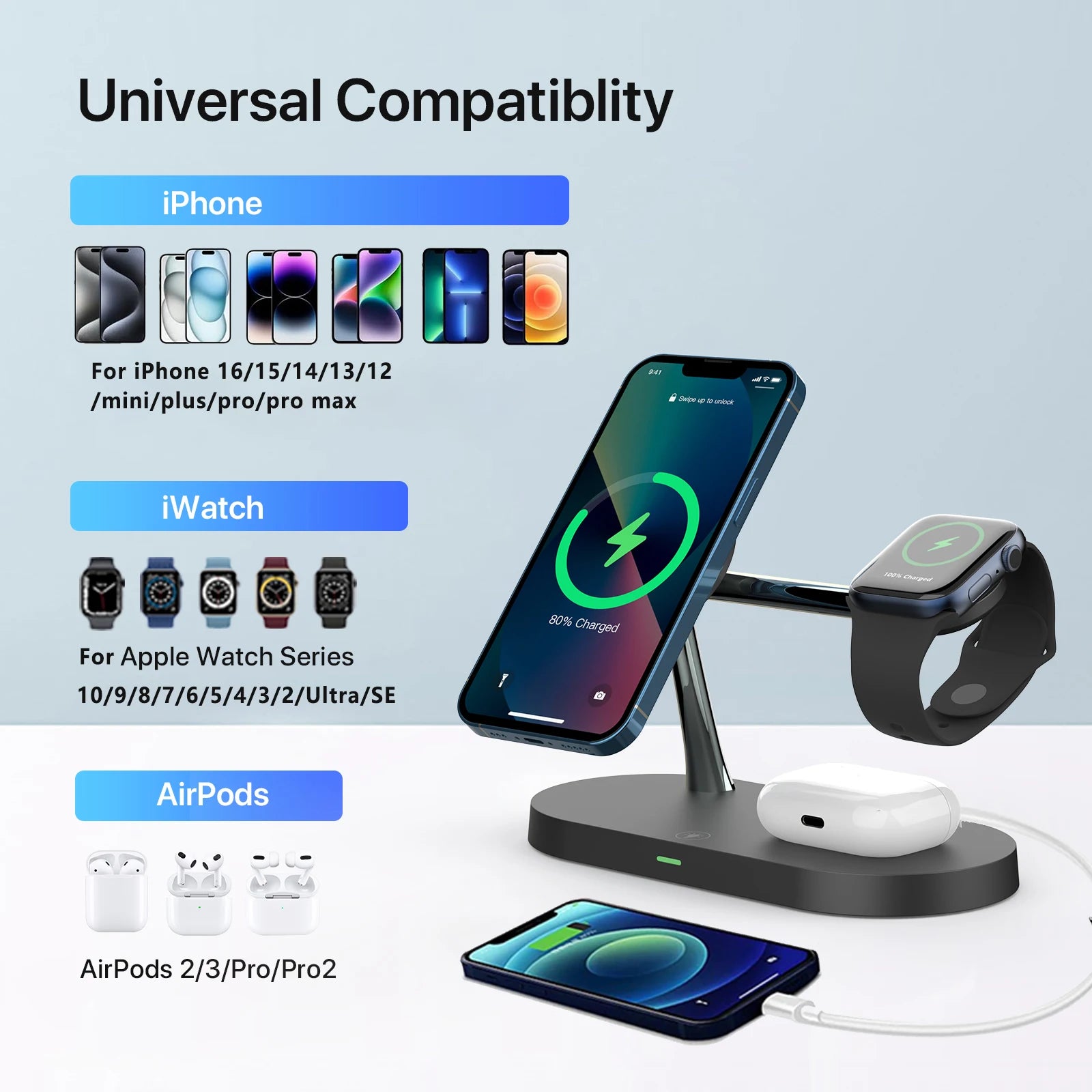 AirDock™ 3-in-1 Draadloze Oplader voor iPhone, Apple Watch en AirPods